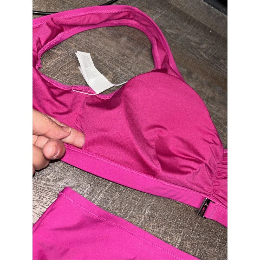 Cupshe Women Fuchsia Pink Bikini Set High Waisted 1X Buckle Remove Pads Ruched